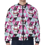 Hipster Chihuahua Pattern Print Zip Sleeve Bomber Jacket