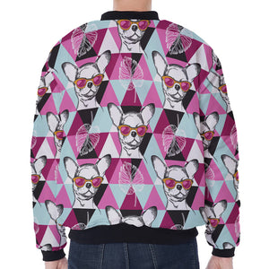 Hipster Chihuahua Pattern Print Zip Sleeve Bomber Jacket