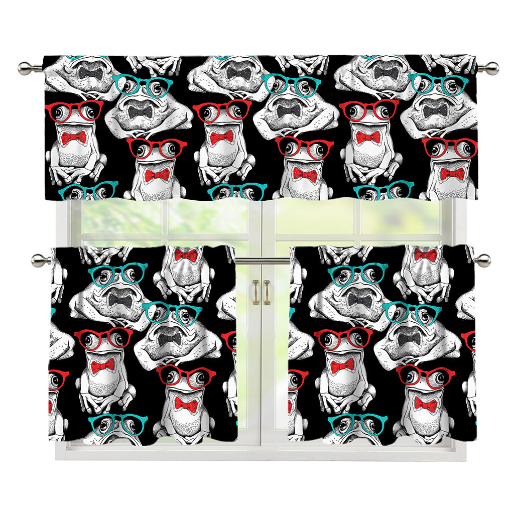 Hipster Frog Pattern Print 3 Piece Kitchen Curtains