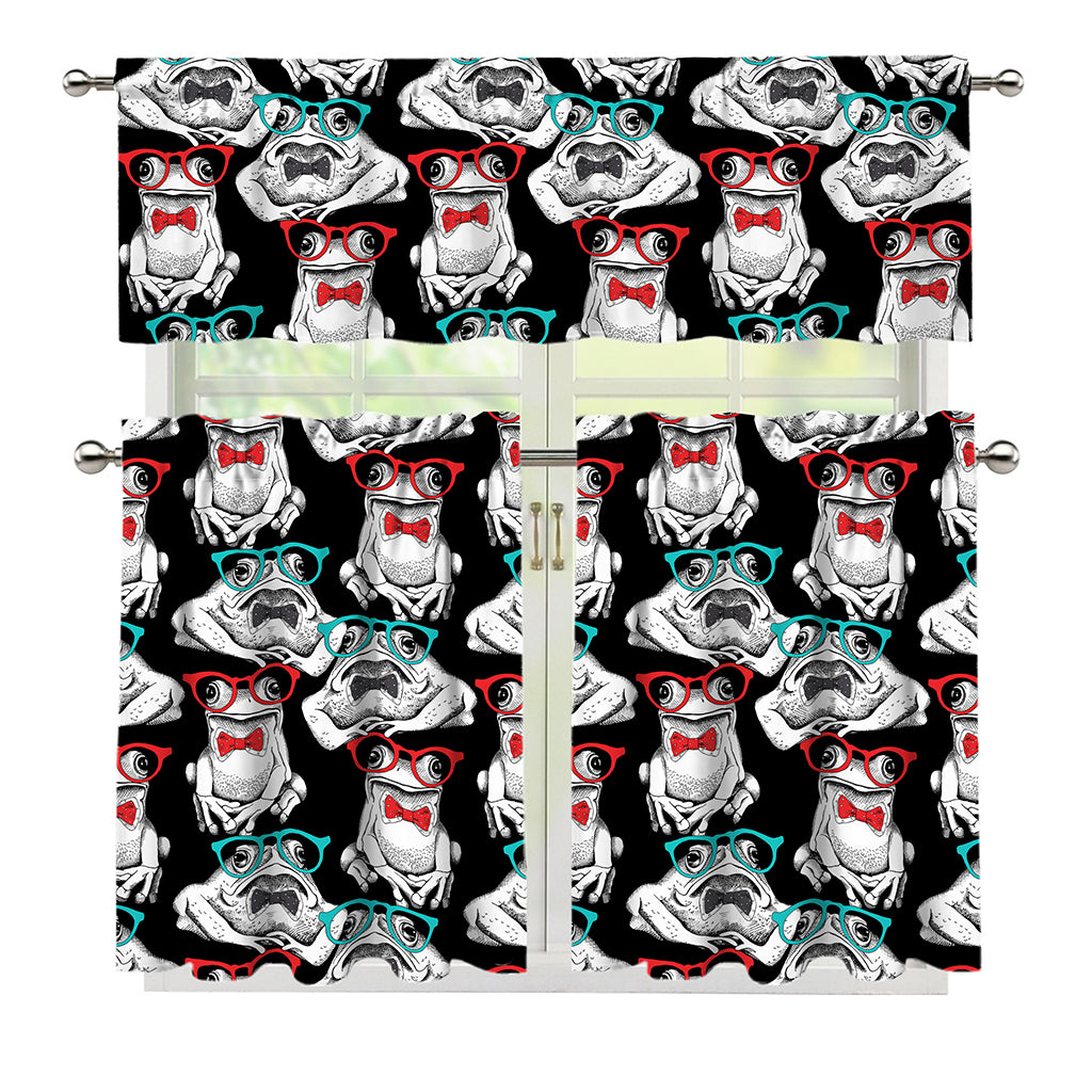 Hipster Frog Pattern Print 3 Piece Kitchen Curtains