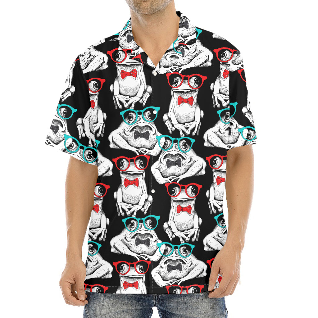 Hipster Frog Pattern Print Aloha Shirt