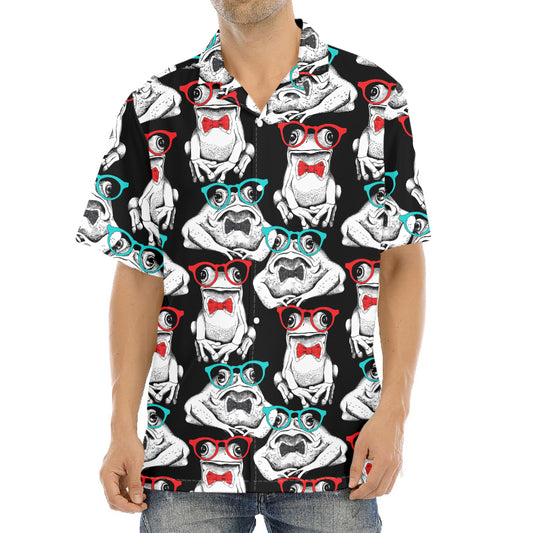 Hipster Frog Pattern Print Aloha Shirt