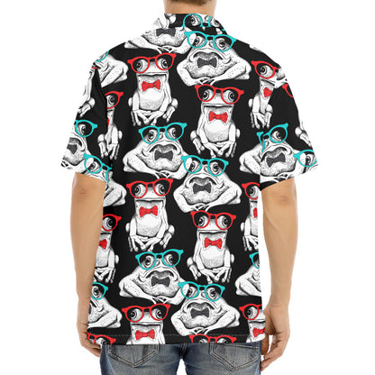 Hipster Frog Pattern Print Aloha Shirt