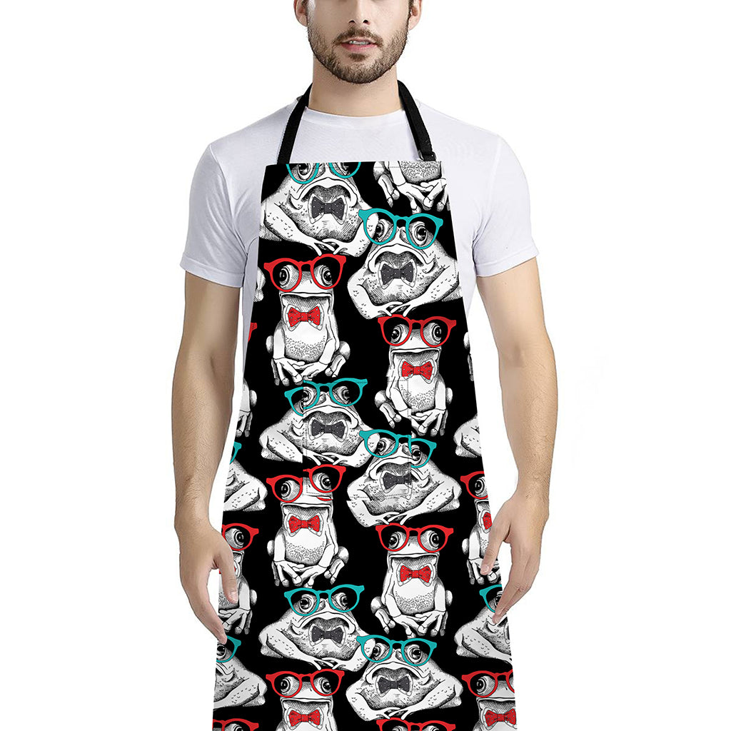 Hipster Frog Pattern Print Bib Apron With Pocket