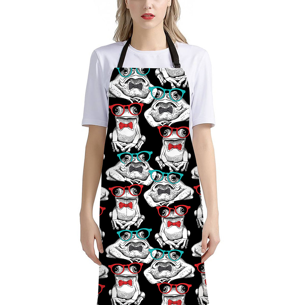 Hipster Frog Pattern Print Bib Apron With Pocket