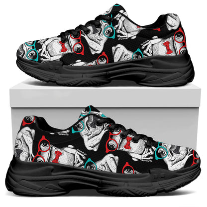 Hipster Frog Pattern Print Black Chunky Shoes