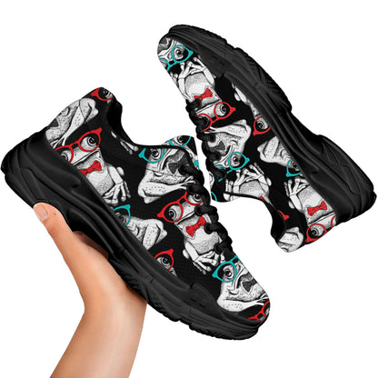 Hipster Frog Pattern Print Black Chunky Shoes
