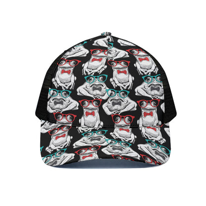 Hipster Frog Pattern Print Black Mesh Trucker Cap