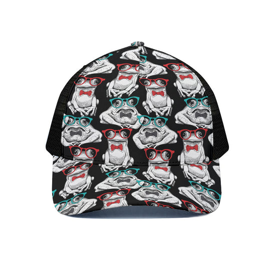 Hipster Frog Pattern Print Black Mesh Trucker Cap