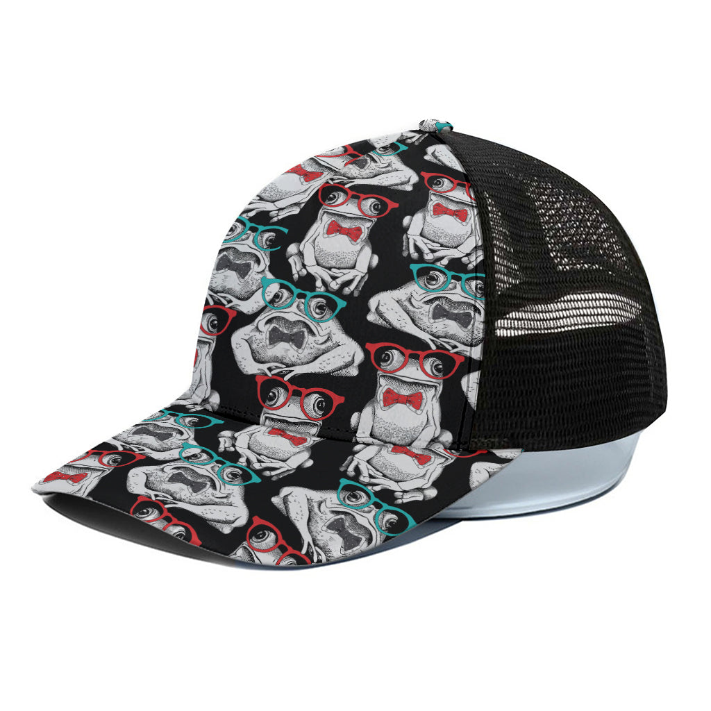 Hipster Frog Pattern Print Black Mesh Trucker Cap