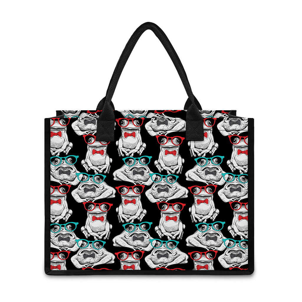 Hipster Frog Pattern Print Canvas Tote Bag