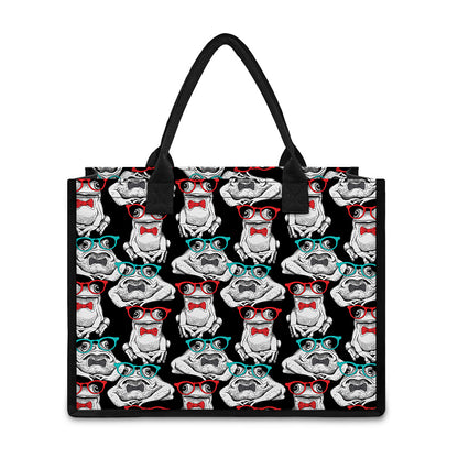 Hipster Frog Pattern Print Canvas Tote Bag