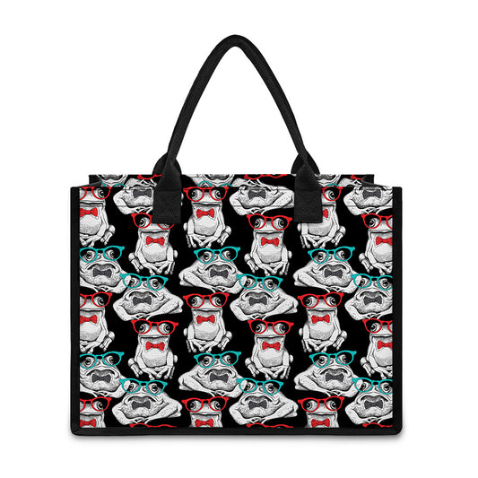 Hipster Frog Pattern Print Canvas Tote Bag