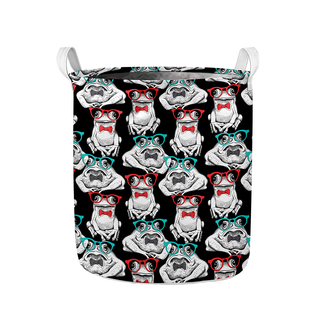 Hipster Frog Pattern Print Collapsible Laundry Basket