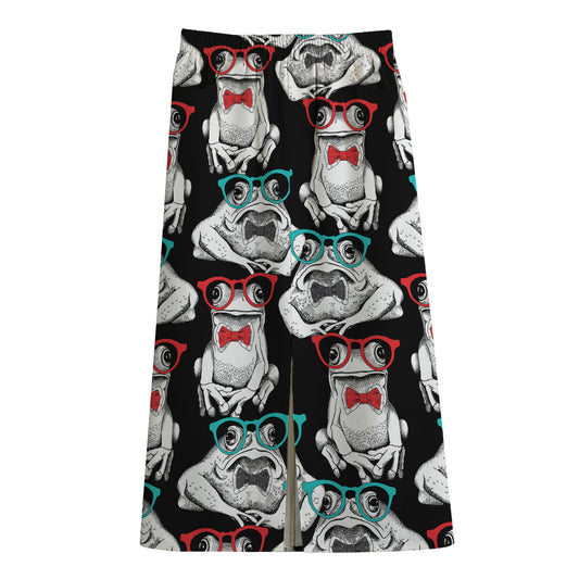 Hipster Frog Pattern Print Cotton Front Slit Maxi Skirt