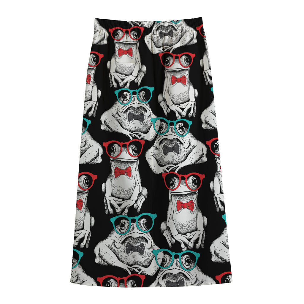 Hipster Frog Pattern Print Cotton Front Slit Maxi Skirt