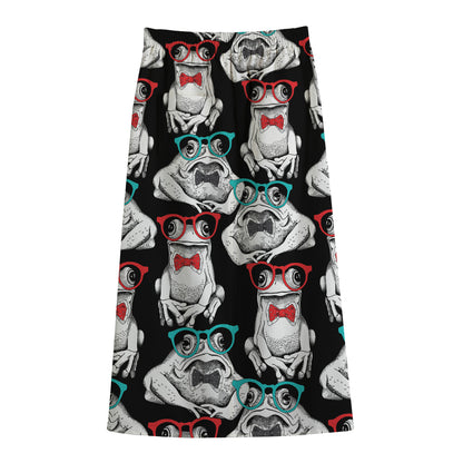 Hipster Frog Pattern Print Cotton Front Slit Maxi Skirt
