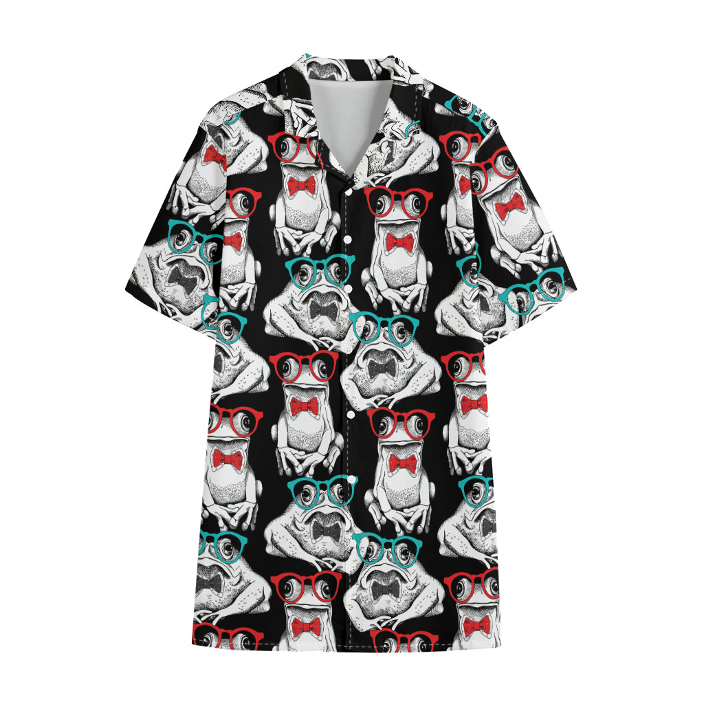 Hipster Frog Pattern Print Cotton Hawaiian Shirt
