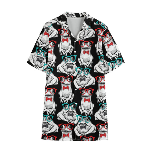 Hipster Frog Pattern Print Cotton Hawaiian Shirt