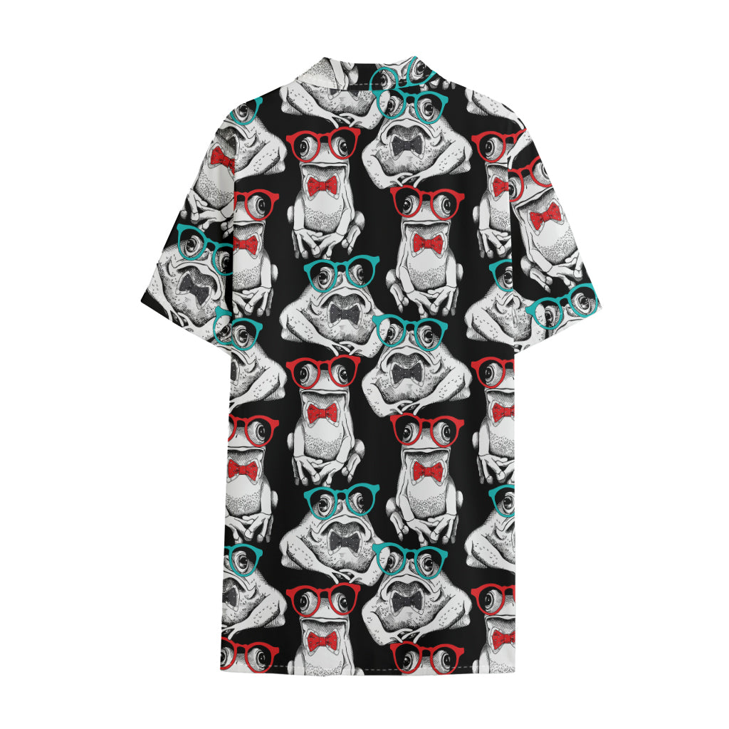 Hipster Frog Pattern Print Cotton Hawaiian Shirt