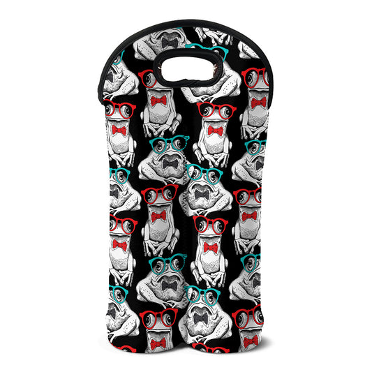 Hipster Frog Pattern Print Double Neoprene Wine Tote