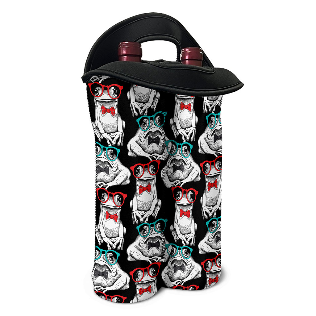 Hipster Frog Pattern Print Double Neoprene Wine Tote
