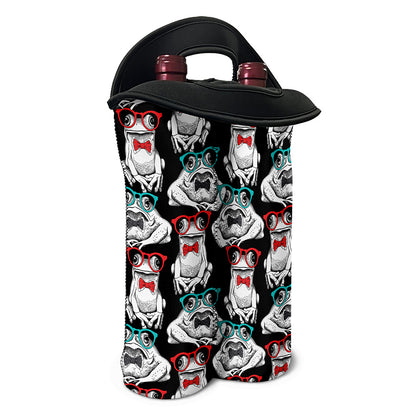 Hipster Frog Pattern Print Double Neoprene Wine Tote