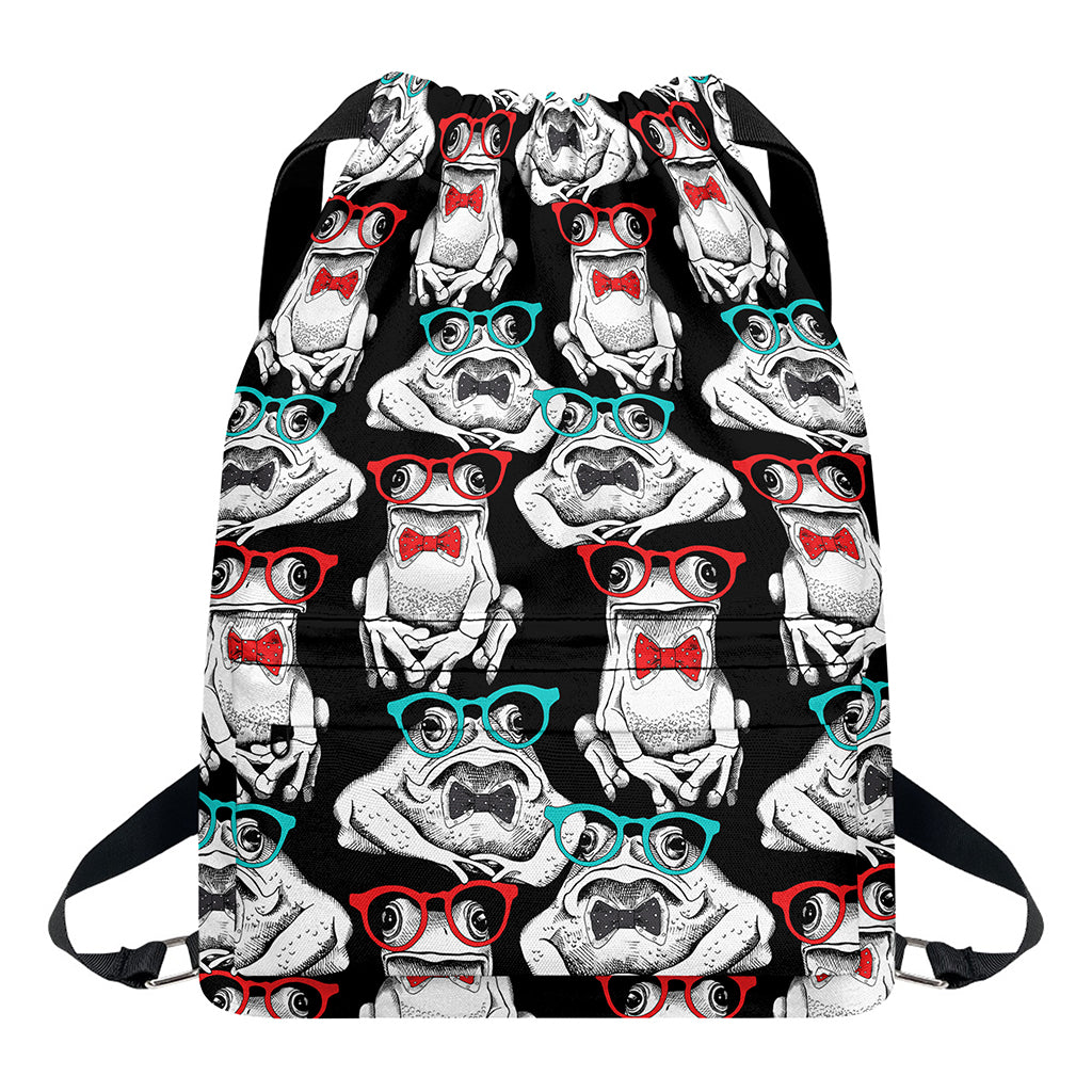 Hipster Frog Pattern Print Drawstring Backpack