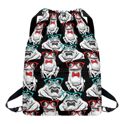 Hipster Frog Pattern Print Drawstring Backpack