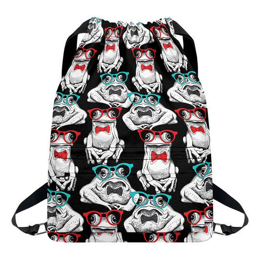 Hipster Frog Pattern Print Drawstring Backpack