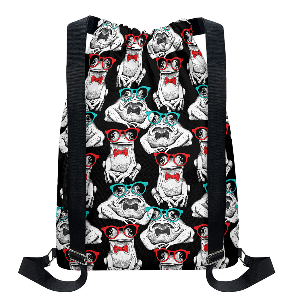 Hipster Frog Pattern Print Drawstring Backpack