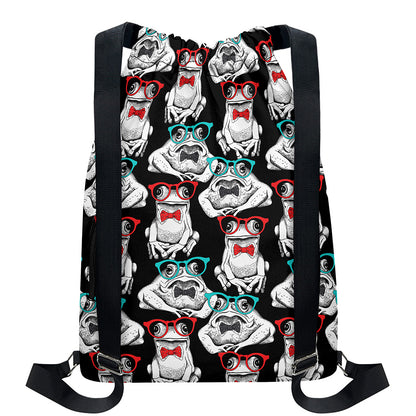 Hipster Frog Pattern Print Drawstring Backpack