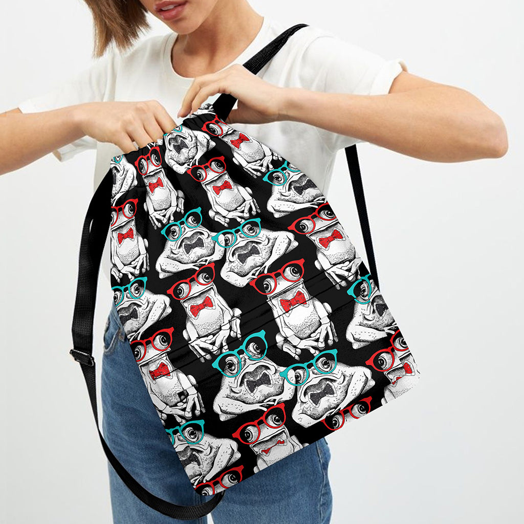 Hipster Frog Pattern Print Drawstring Backpack