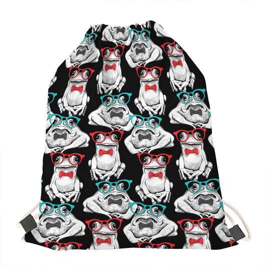 Hipster Frog Pattern Print Drawstring Bag