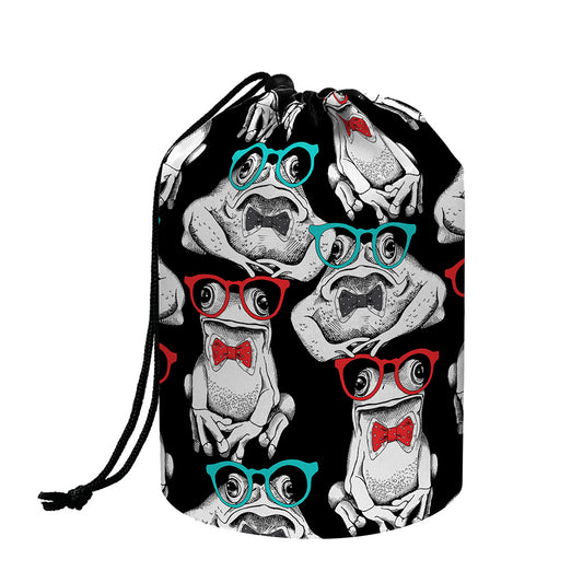 Hipster Frog Pattern Print Drawstring Makeup Bag