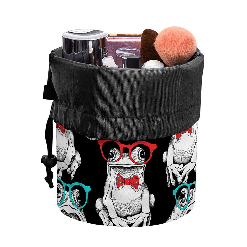 Hipster Frog Pattern Print Drawstring Makeup Bag