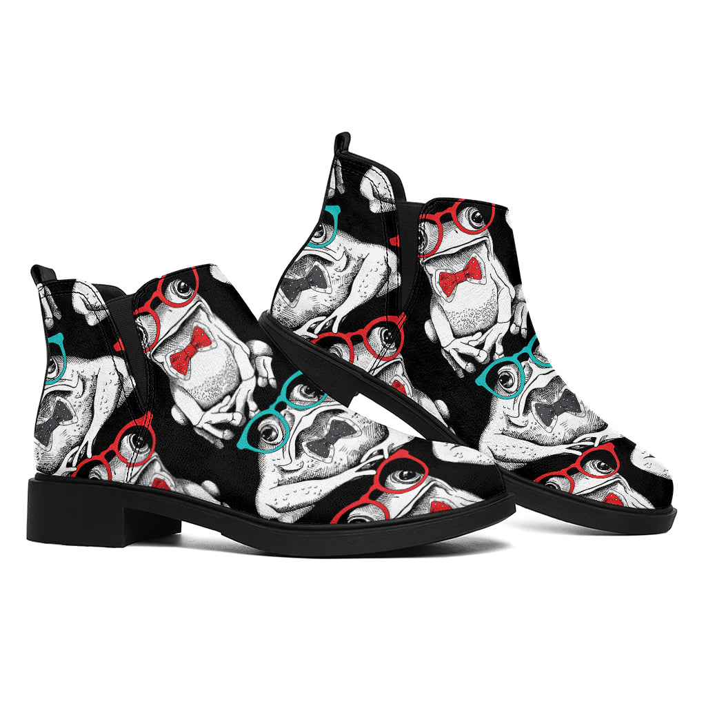 Hipster Frog Pattern Print Flat Ankle Boots