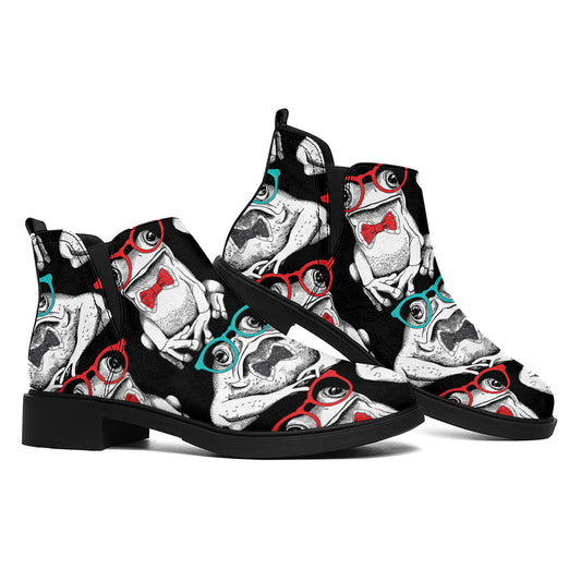 Hipster Frog Pattern Print Flat Ankle Boots