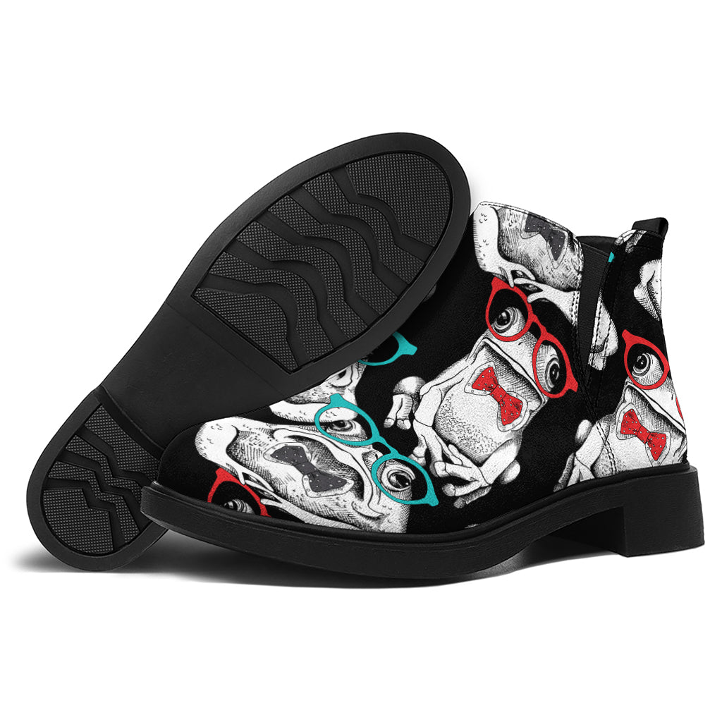Hipster Frog Pattern Print Flat Ankle Boots