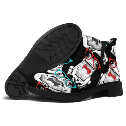 Hipster Frog Pattern Print Flat Ankle Boots