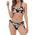 Hipster Frog Pattern Print Halter Scoop Tie Side Bikini