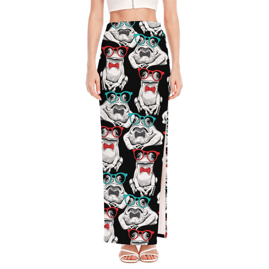 Hipster Frog Pattern Print High Slit Maxi Skirt