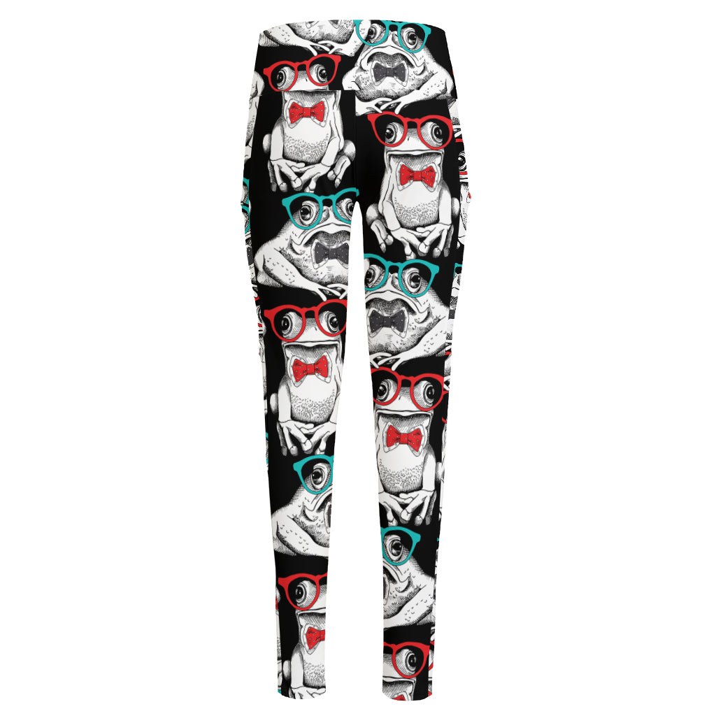 Hipster Frog Pattern Print High-Waisted Pocket Leggings
