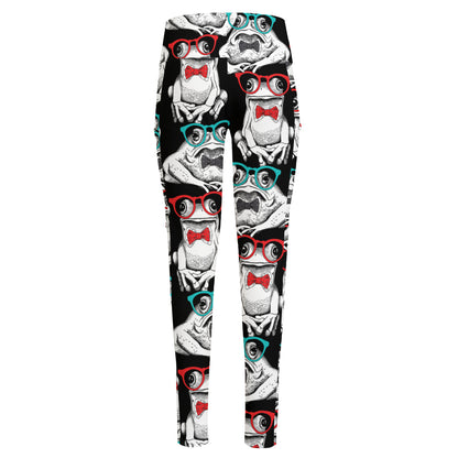 Hipster Frog Pattern Print High-Waisted Pocket Leggings