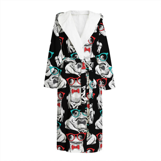 Hipster Frog Pattern Print Hooded Bathrobe
