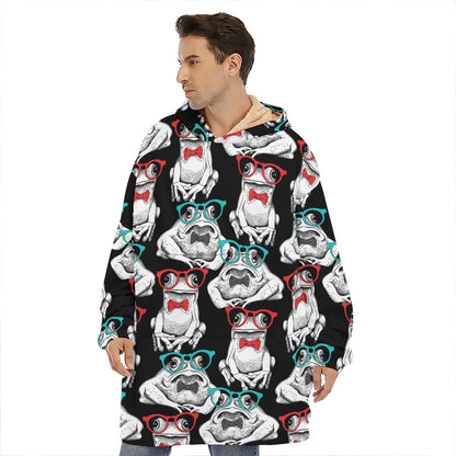 Hipster Frog Pattern Print Hoodie Blanket