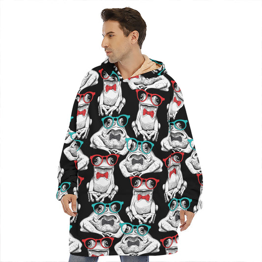 Hipster Frog Pattern Print Hoodie Blanket