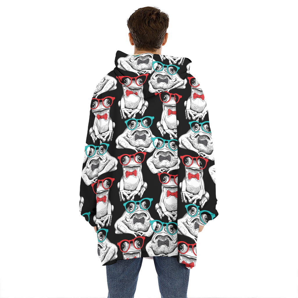 Hipster Frog Pattern Print Hoodie Blanket