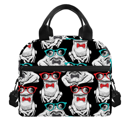 Hipster Frog Pattern Print Insulated Lunch Bag