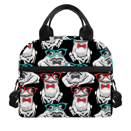 Hipster Frog Pattern Print Insulated Lunch Bag